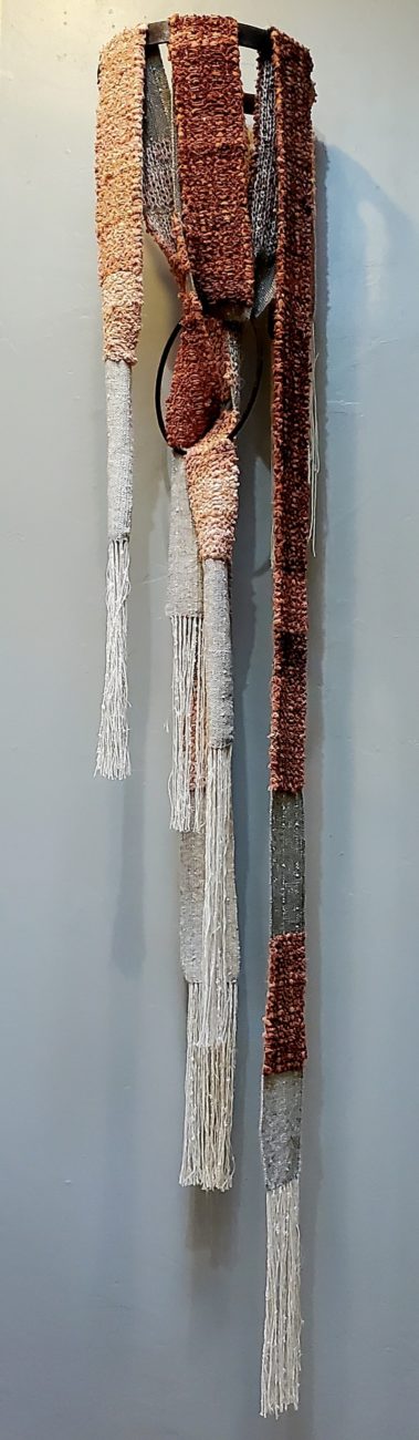 Wendy Carpenter, Preserving Americana series – Chenille on the Farm sculpture, 2019. 51cm x 260cm (20” x 8.5’). Inlay weaving. Chenille bedspread and wool warp.