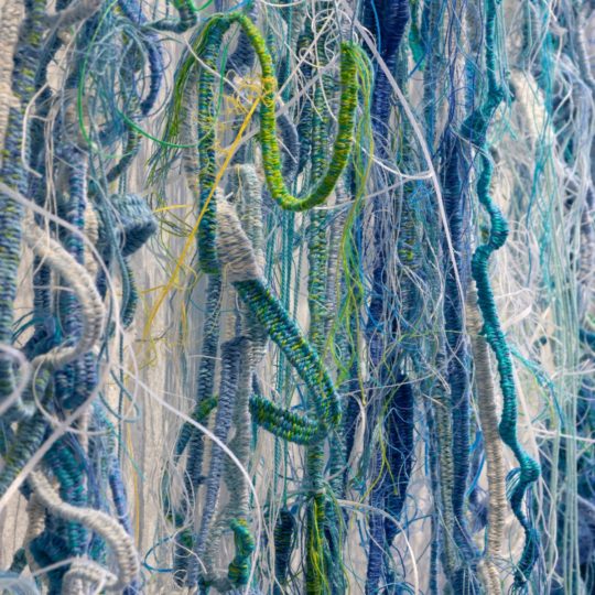 Fiona Hutchison, Wall of Water (detail), 2021. 250cm x 300cm (8’ x 10’). Manipulated tapestry. Cotton, linen and reclaimed plastic. Photo: Michael Wolchover
