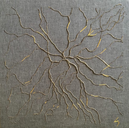 Hanny Newton, Paresthesia D, 2017, 50cmx50cm, Japanese gold thread on cotton blend