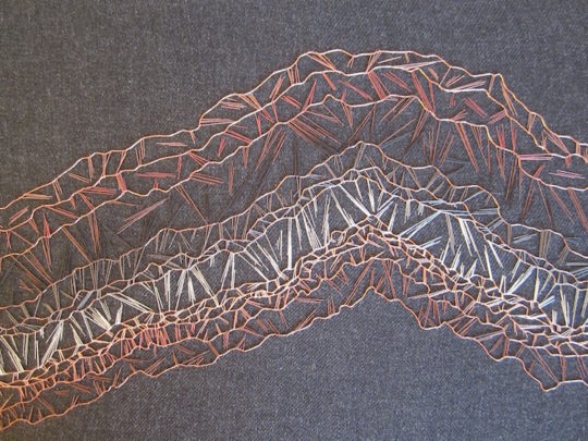 Hanny Newton, Personal Stratigraphies 1, 2015, 50cmx30cm, Copper thread & gutermans on cotton blend