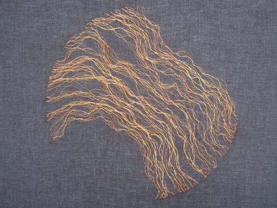 Hanny Newton, Personal Stratigraphies 2, 2015, 30cmx30cm, Japenese gold thread couching on linen.