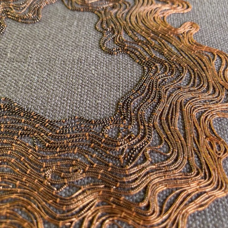 Hanny Newton, Copper Flow (detail), 2021. 20cm x 20cm (8" x 8"), Goldwork. Linen, copper thread.