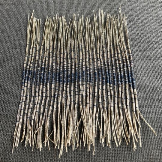 Hanny Newton, Couching Explorations B, 2021. 50cm x 50cm (19¾" x 19¾") Goldwork. Tin thread, blue cotton, linen.