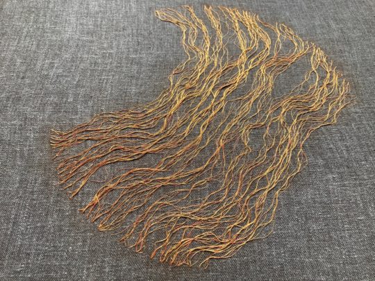 Hanny Newton, Personal Stratigraphies 2, 2015. 30cm x 30cm (11¾" x 11¾"). Goldwork couching. Linen, Japanese gold thread.