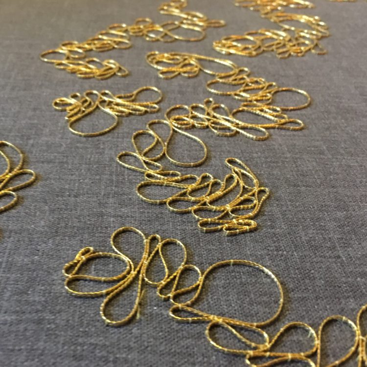 Hanny Newton, Paresthesia F (detail), 2017. 90cm x 90cm (35½" x 35½"). Goldwork. Gold braid, cotton linen.