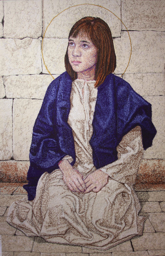 Frank Sabatté, Annunciation, 28 x 18, 2015, Random-stitch, free-motion embroidery and appliqué