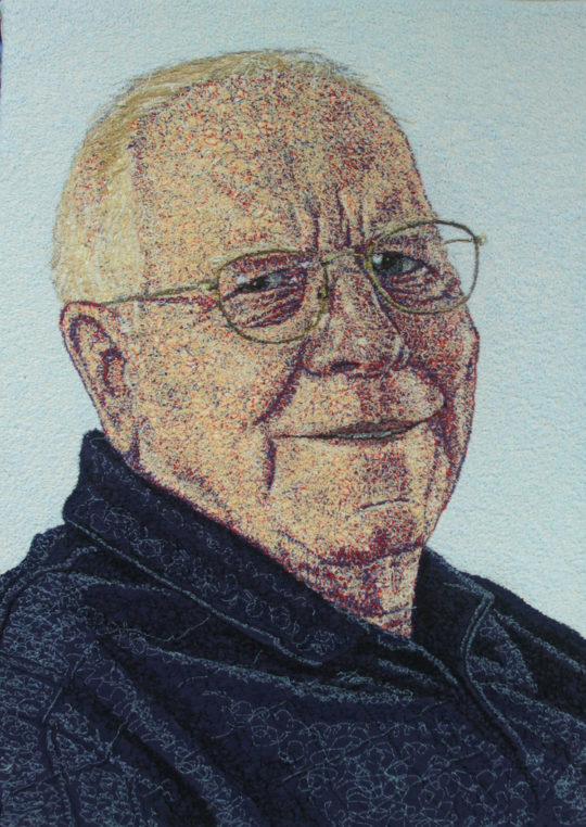Frank_Sabatté, Fr Campbell, 14 x 12, 2015, Random-stitch, free-motion embroidery and appliqué
