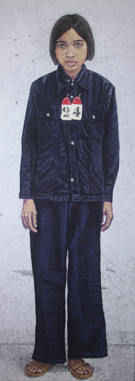 Frank Sabatté, Number 24, Cambodia 1975, 56 x 20, 2013, Random-stitch, free-motion embroidery and appliqué