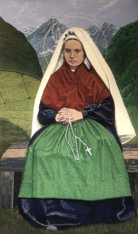 Frank Sabatté, St Bernadette Soubirous, 54 x 32, 2017, Random-stitch, free-motion embroidery and appliqué