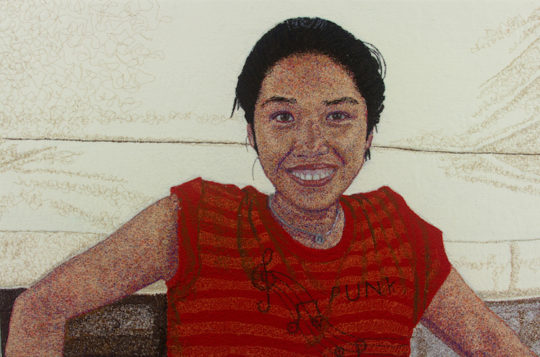 Frank Sabatté, Sweat Shop Girl, Hong Kong, 24 x 16, 2016, Random-stitch, free-motion embroidery and appliqué