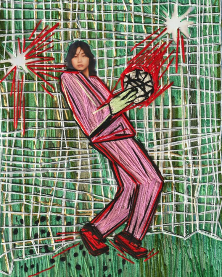 Nicole Chui, GK HOYEON, 2023. 21cm x 28cm (8" x 11"). Hand embroidery. Six strand cotton embroidery thread, magazine paper.