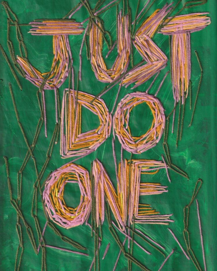 Nicole Chui, Just Do One, 2023. 21cm x 28cm (8" x 11"). Paint, hand embroidery. Acrylic paint, six strand cotton embroidery thread, magazine paper.