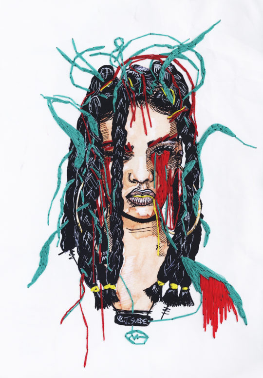 J Suede and Nicole Chui, Medusa head on me, 2017, 21 x 29.7 cm, pen illustration x hand embroidery