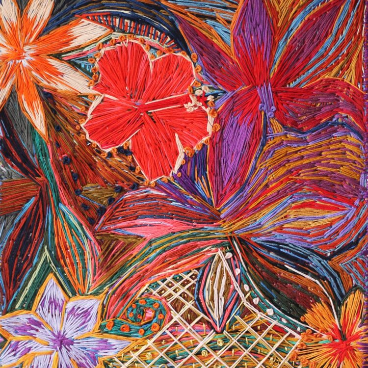 Nicole Chui, Memories of Tawau, 2021. 36cm x 27cm (14" x 10"). Hand embroidery. Six strand cotton embroidery thread, paper.