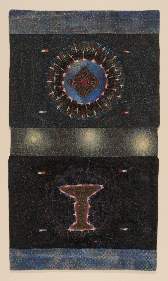 Tom Lundberg, Dark Hours, 2009, 16.5 x 9.5, Cotton, silk, metallic, and rayon threads on rayon velvet and painted cotton
