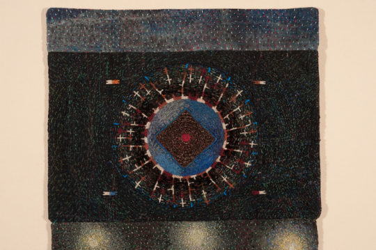Tom Lundberg, Dark Hours (upper detail), 2009, 16.5 x 9.5, Cotton, silk, metallic, and rayon threads on rayon velvet and painted cotton
