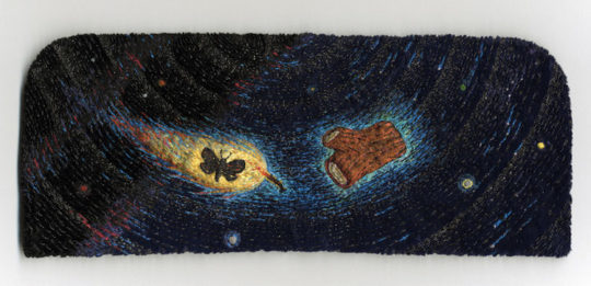 Tom Lundberg, Flare, 2011, 4” x 10”, Cotton, silk, rayon, and metallic threads on rayon velvet