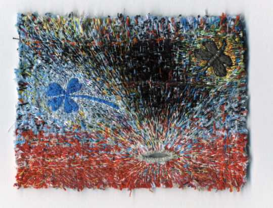Tom Lundberg, Lucky Buttonhole, 2011, 3.25” x 3.75”, Cotton and silk threads on cotton, linen, and rayon fabrics
