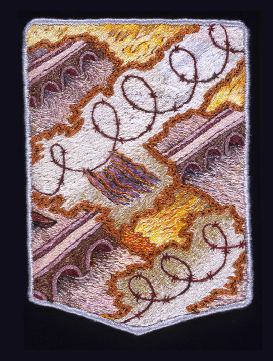 Tom Lundberg, Narrow Escape, 2001, 5.63 × 4”, Cotton and silk threads on cotton