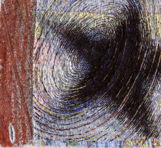 Tom Lundberg, Shirt Fragment (detail), 2012. 6.25 × 8”, Cotton, silk, and polyester threads on cotton fabrics