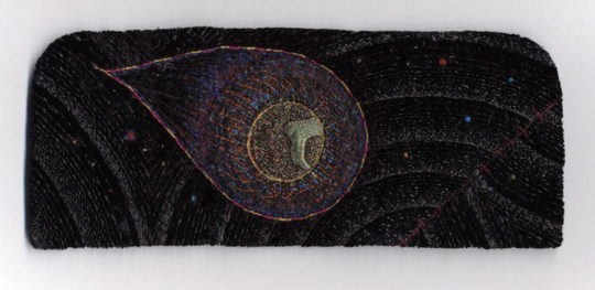 Tom Lundberg, Wanderer’s Cuff, 2011, 4” x 11”, Cotton, silk, rayon, and metallic threads on rayon velvet