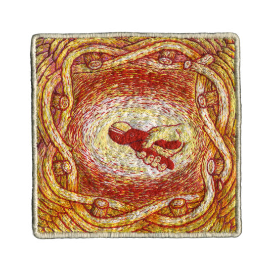 Tom Lundberg, Yellow Basket, 2009, 5“ × 5.13”, Cotton and silk threads on wool