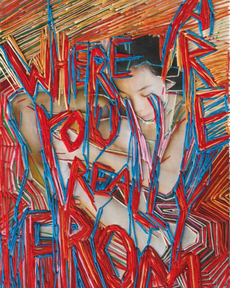 Nicole Chui, Where Are You Really From?, 2022. 21cm x 30cm (8" x 12"). Hand embroidery. Six strand cotton embroidery thread, inkjet print paper.