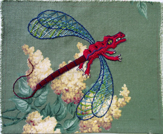 Susana Ortiz Maillo, Dragonfly Searching For Insolent Humans To Destroy. 20 x 25 cm. Embroidery on fabric, 2014