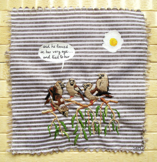 Susana Ortiz Maillo, Sunny Side Up On The Weeping Tree. 13 x 13 cm. Embroidery and mixed media on fabric, 2015