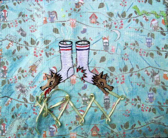 Susana Ortiz Maillo, I Can Still Smell You On My Moonwalkies. 25 x 30 cm. Embroidery on gift wrapping paper and tarlatan, 2014