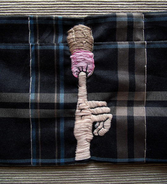 Susana Ortiz Maillo, Hey You Dick, Shhh! (Shut Your Trap) (detail), 22 x 36 cm. Embroidery on umbrella fabric, 2015