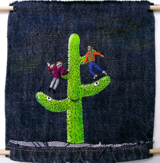 Susana Ortiz Maillo, The Cactus Who Loved Two Wooly Men At The Same Time. 17 x 17 cm. Embroidery and mixed media on denim, 2016