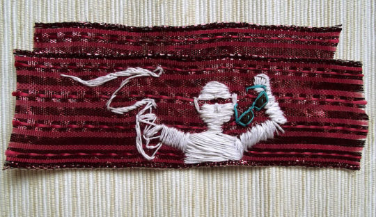 Susana Ortiz Maillo, Invisible Middle-aged Woman Breaking Free, 15 x 22 cm. Embroidery on ribbon, 2015