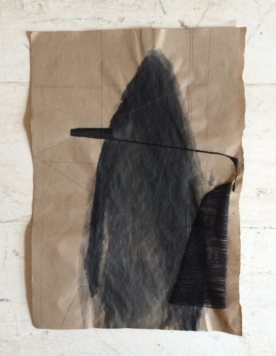 Jason Krieger, Interruption, 12 x 18, paper, sumi ink, graphite, embroidery