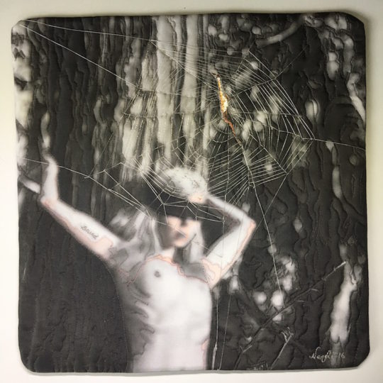 Neroli Henderson, Bound, 2016, 28 x 29cm, photograph (artist’s own), giclée print on silk, metal foil, quilting with ultra fine 100wt thread, metallic thread embroidery