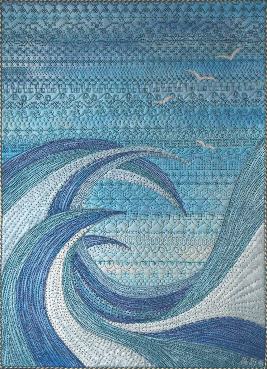 Neroli Henderson, The Churning, 2014, 30 x 42cm, Acrylic metallic fabric paint, cotton fabrics, fusible raw edge applique, intensive quilting and machine decorative stitches