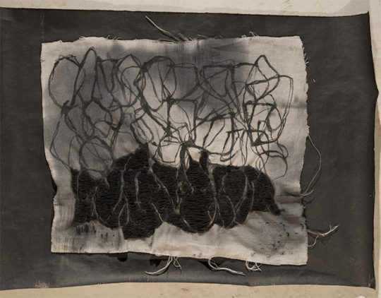 Jason Kriegler, Weight. Raw linen, sumi ink, hand embroidery