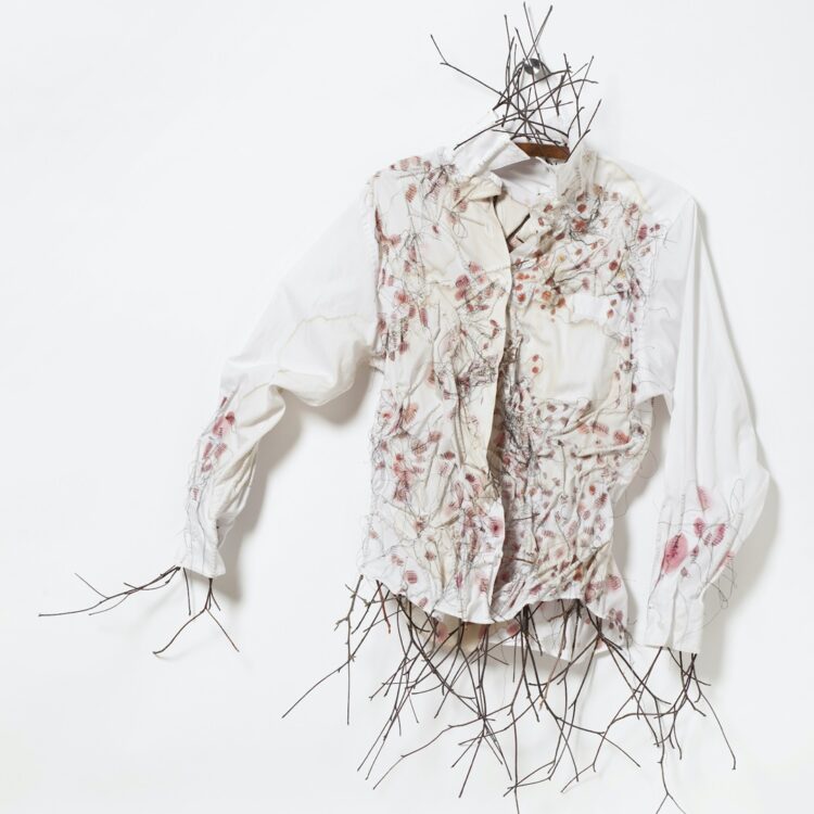 Merill Comeau, Foundational Garments, Climbing the Tree of Knowledge (detail), 2016. 61cm x 105cm x 8cm (24" x 42" x 3") Mixed media, hand stitch. Garment of the artist’s deceased mother, paint, sticks, thread. Photo: Will Howcroft Photography.