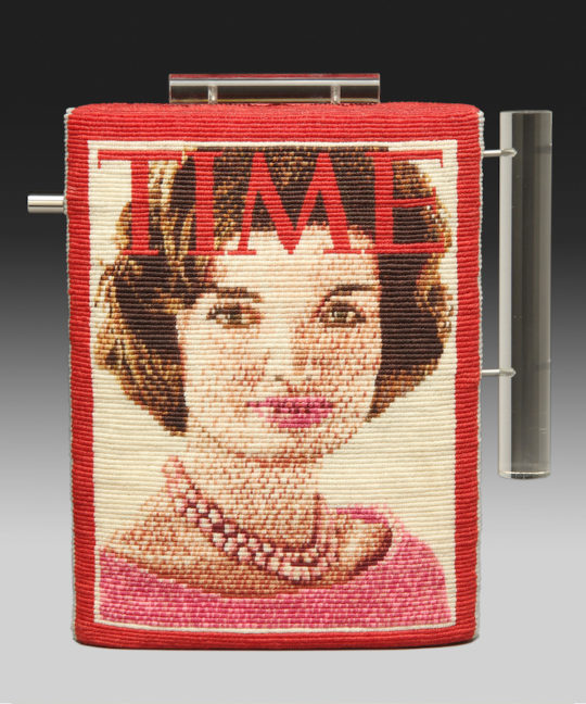 Kate Anderson, Jackie: TIME (front view), 2015, 9.75 x 9 x 1.75, knotted thread, lucite, stainless steel
