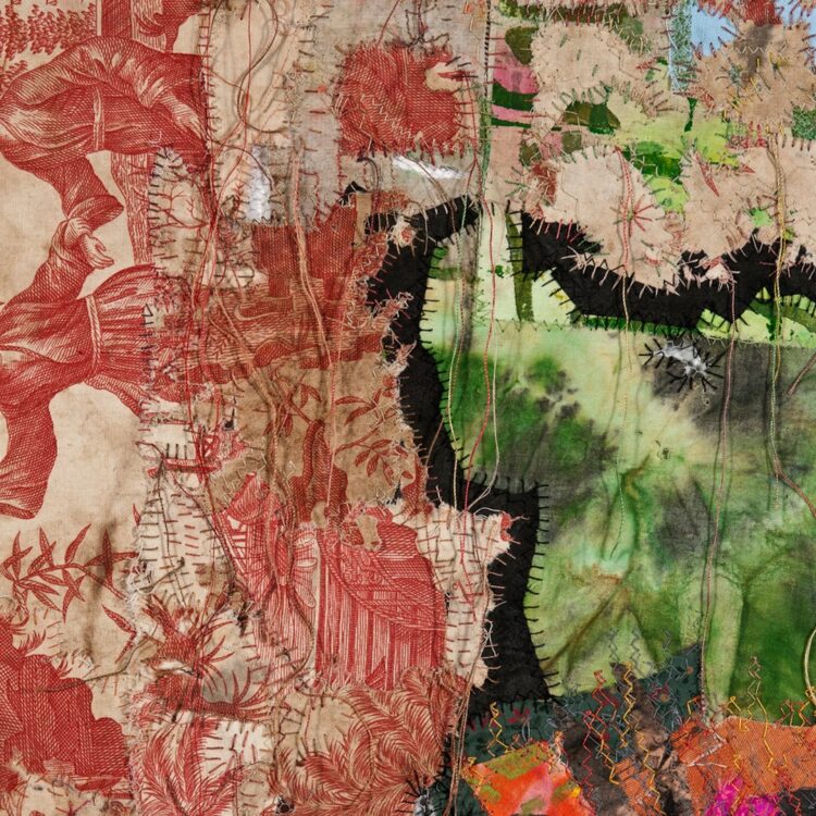 Merill Comeau, The Sins of the Mother Rest Heavily (detail), 2014. 150cm x 130cm (60" x 52"). Mixed media, hand and machine stitch. Composted designer fabrics, deconstructed repurposed clothing and vintage linens, thread. Photo: Will Howcroft Photography.