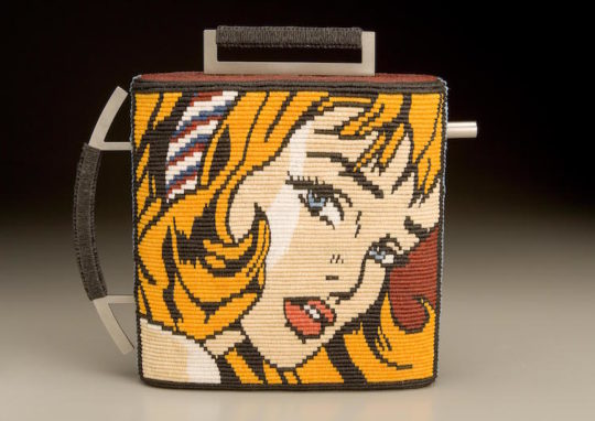 Kate Anderson, Lichtenstein Teapot: Girl with Ribbon (front view), 2005, 8.5 x 9.25 x 1.75, waxed linen