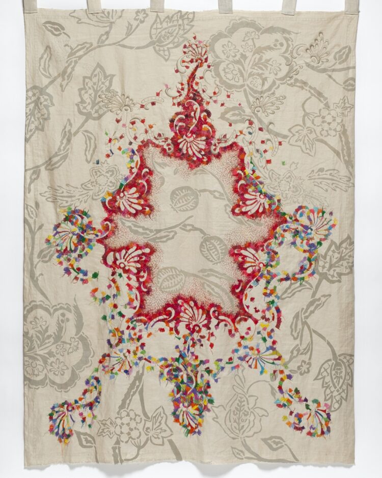 Merill Comeau, Woman Interrupted, 2023. 120cm x 180cm (48" x 70"). Stencilling, hand embroidery. Discarded crewel tablecloth kit, thread, stencil ink. Photo: Will Howcroft Photography.