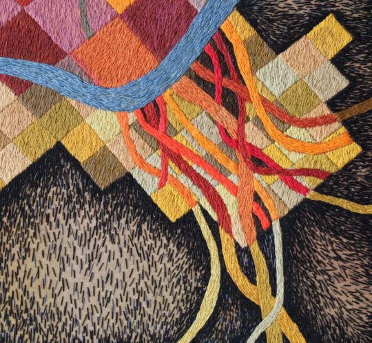 Victoria Potrovitza, Blue River Crossing Squares (detail), 2012, hand embroidery, cotton threads on silk