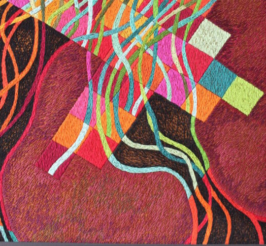 Victoria Potrovitza, Spring in the City (detail), 2013, hand embroidery, cotton threads on silk