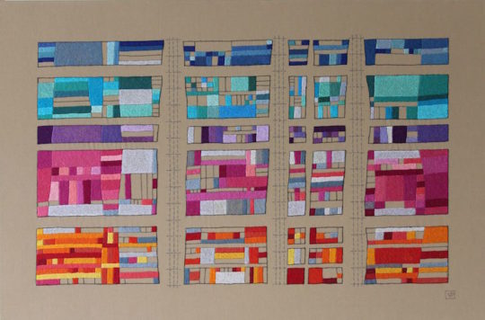 Victoria Potrovitza, They love color, 2016, 20 x 30 in, hand embroidery, cotton threads on canvas