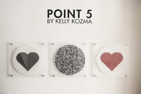 Kelly Kozma, Installation of POINT 5 at Paradigm Gallery, featuring You Like Me, F**cked and I Like You, 2017, 24h x 24w each, assorted punched paper hand-stitched together