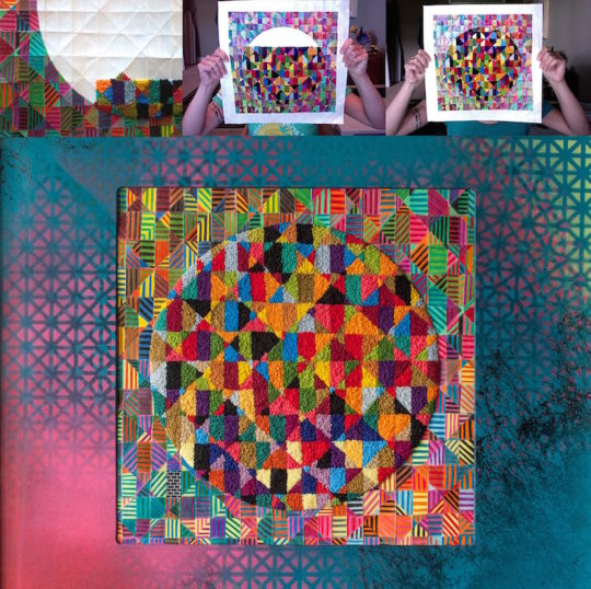 Kelly Kozma, La Ultima (in progress and finished), 2013, 22"h x 22"w, coloured pencil, embroidery and spray paint on paper