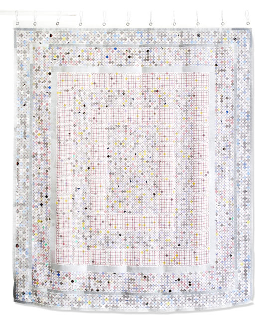 Kelly Kozma, Security Blanket, 2017, 60h x 50w, hand-cut security envelopes, hand-stitched together with embroidery thread, marine vinyl & grommets