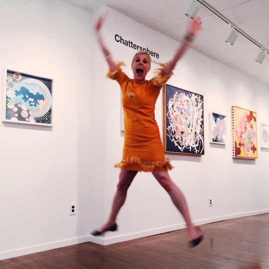 Kelly Kozma, artist at opening of Chattersphere at Paradigm Gallery, 2014, photo taken by Conrad Benner