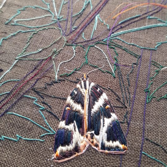 Diane Butcher, Dahlias (detail), 2022. 26cm x 29cm (10" x 11½"). Couching, Linen, Sylko cotton thread, Superior Thread Kimono silk, Coats Seta silk.